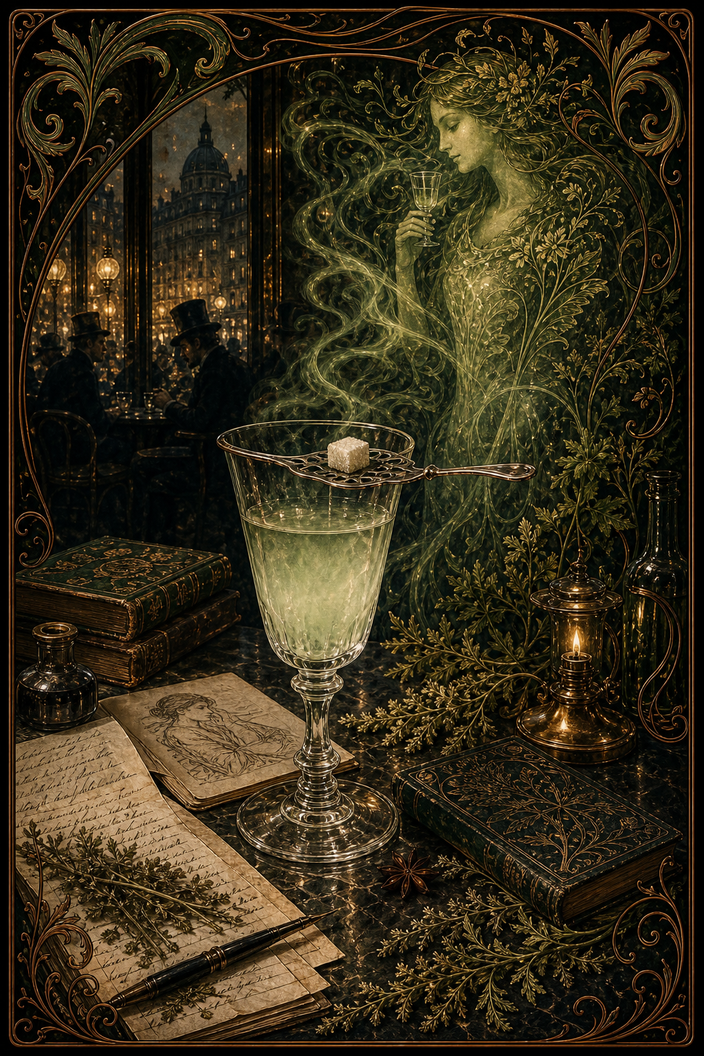 An editorial illustration of absinthe on a marble café table with books, poems, a sugar spoon, and a ghostly Green Muse apparition.