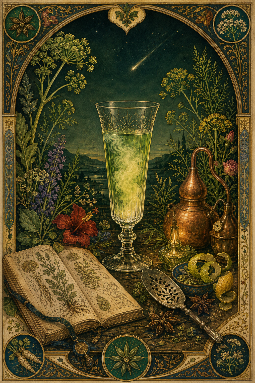 Illuminated botanical frontispiece showing a louching absinthe glass, herbs, a copper alembic, an open grimoire, and a falling star above a mountain valley.