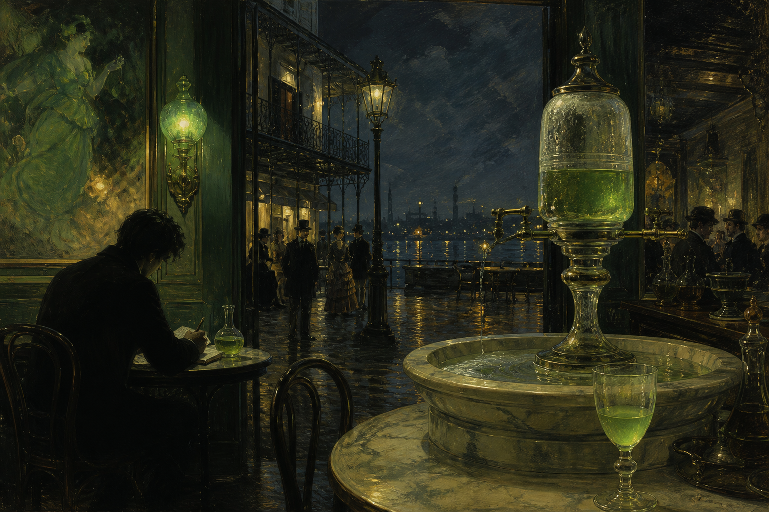 A Belle Époque New Orleans absinthe house with a marble fountain, an opalescent green glass, rain-dark streets, and a solitary writer.