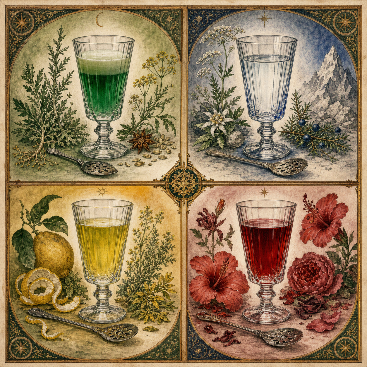 Illuminated four-panel plate of the Nowhere’s End potions Verte, Bleue, Detour, and Crimson, each with its own botanical atmosphere and color.
