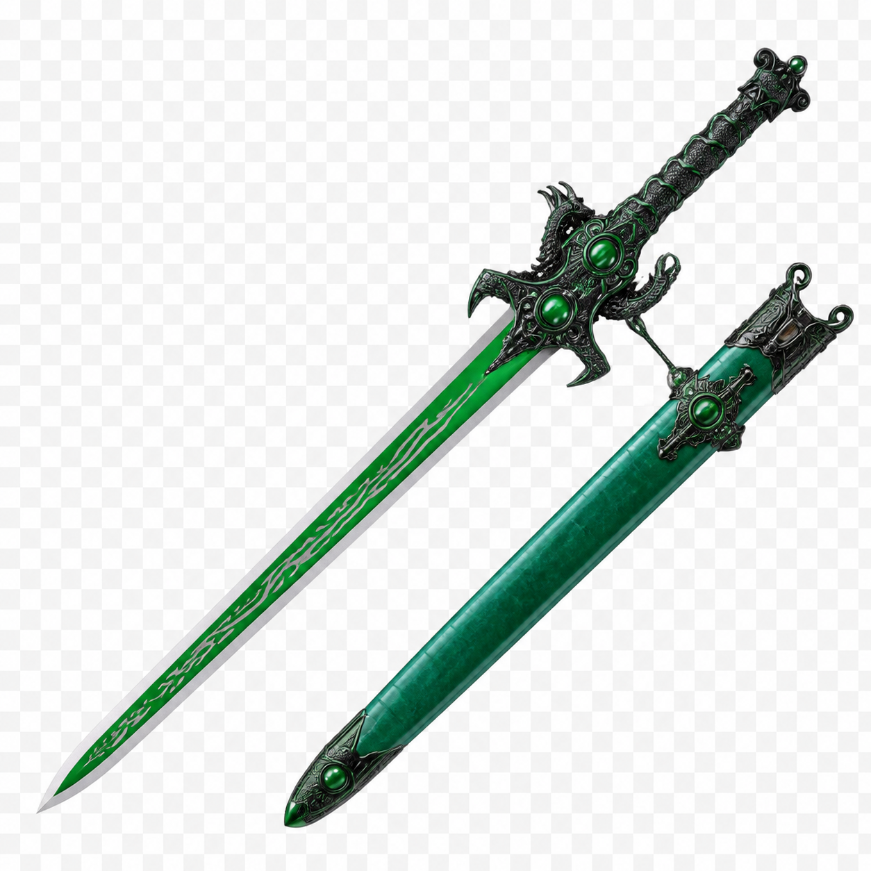 Emerald-green decorative dragon sword with matching green scabbard.
