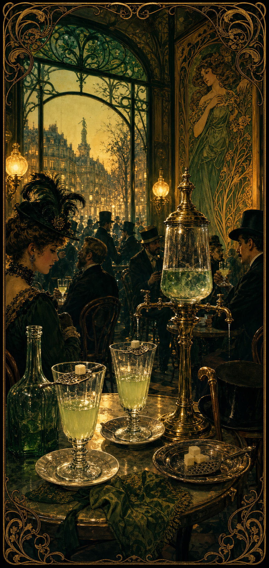 Illustration of a Belle Epoque Paris café during the green hour, with an absinthe fountain, glasses, and evening patrons.