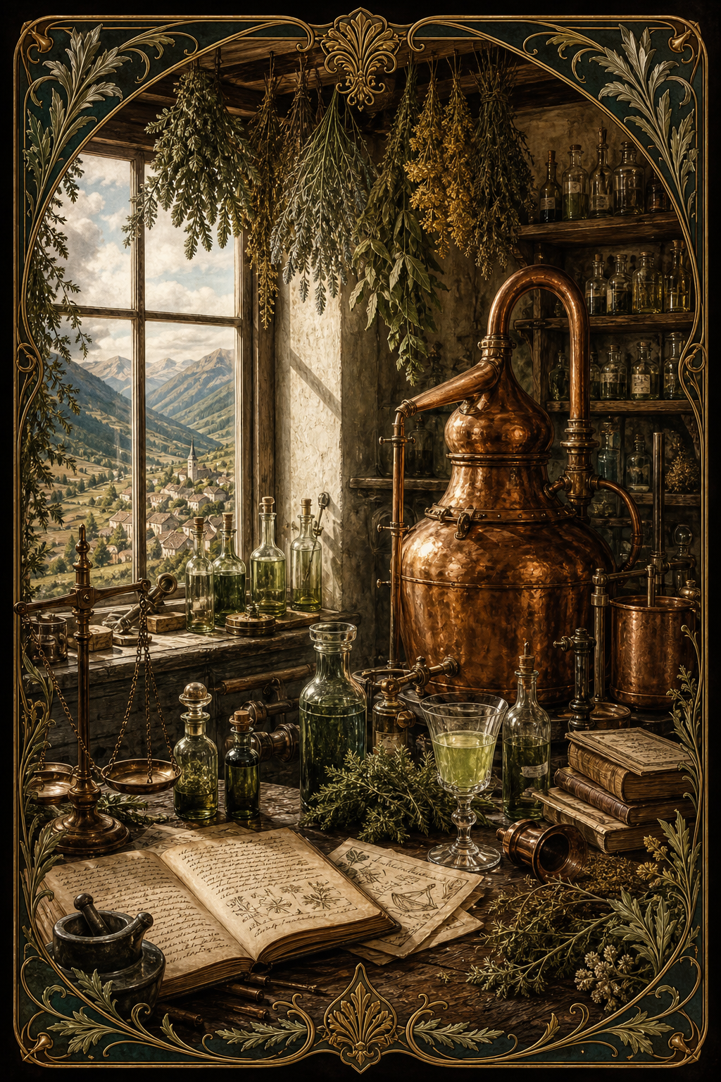 Illustration of an early Swiss absinthe workshop with copper stills, herbs, books, and a mountain valley outside the window.