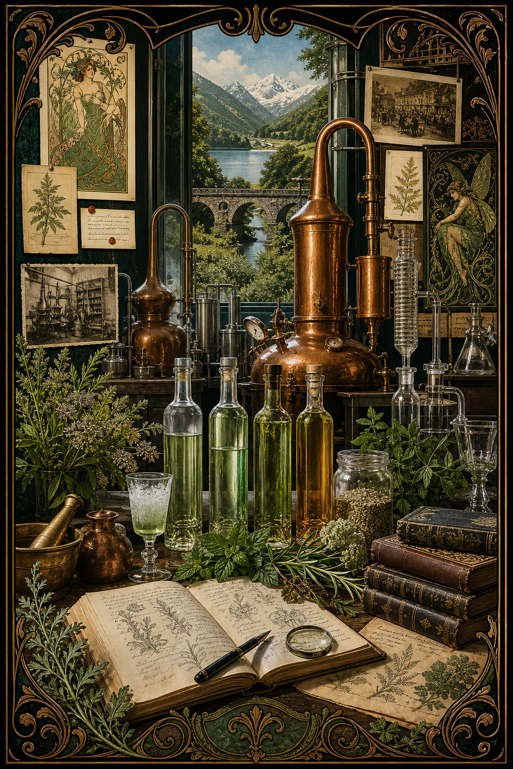 Illustration of a modern absinthe distillery with copper stills, archival posters, herbs, and bottles linking past and present.