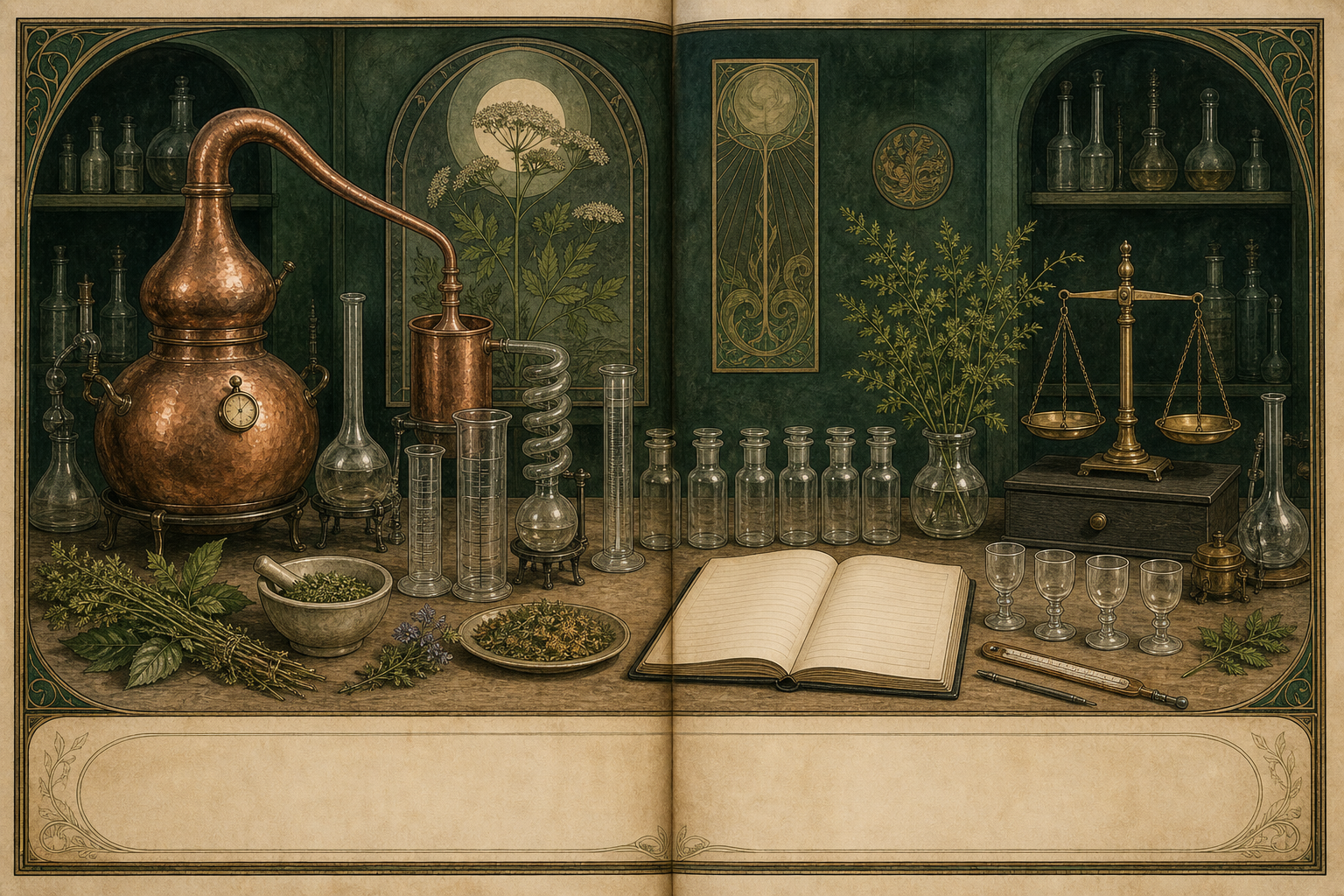 Original illuminated laboratory bench plate showing a copper alembic, glass vessels, balance, botanical samples, empty sample vials, and a ruled notebook.