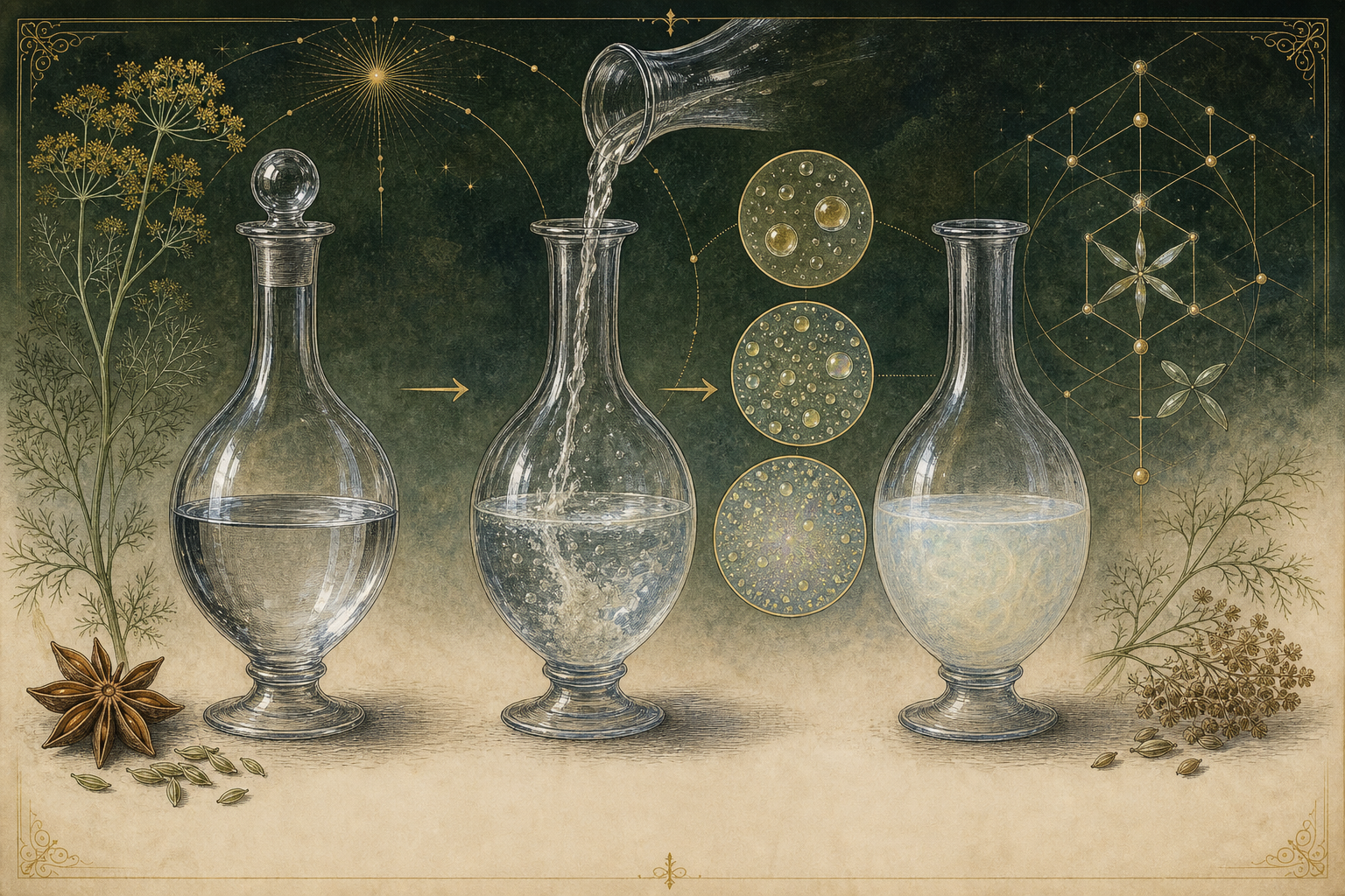 Illuminated mechanism plate showing a clear absinthe spirit, water entering, oil-rich droplets scattering light, and a pale louche forming.