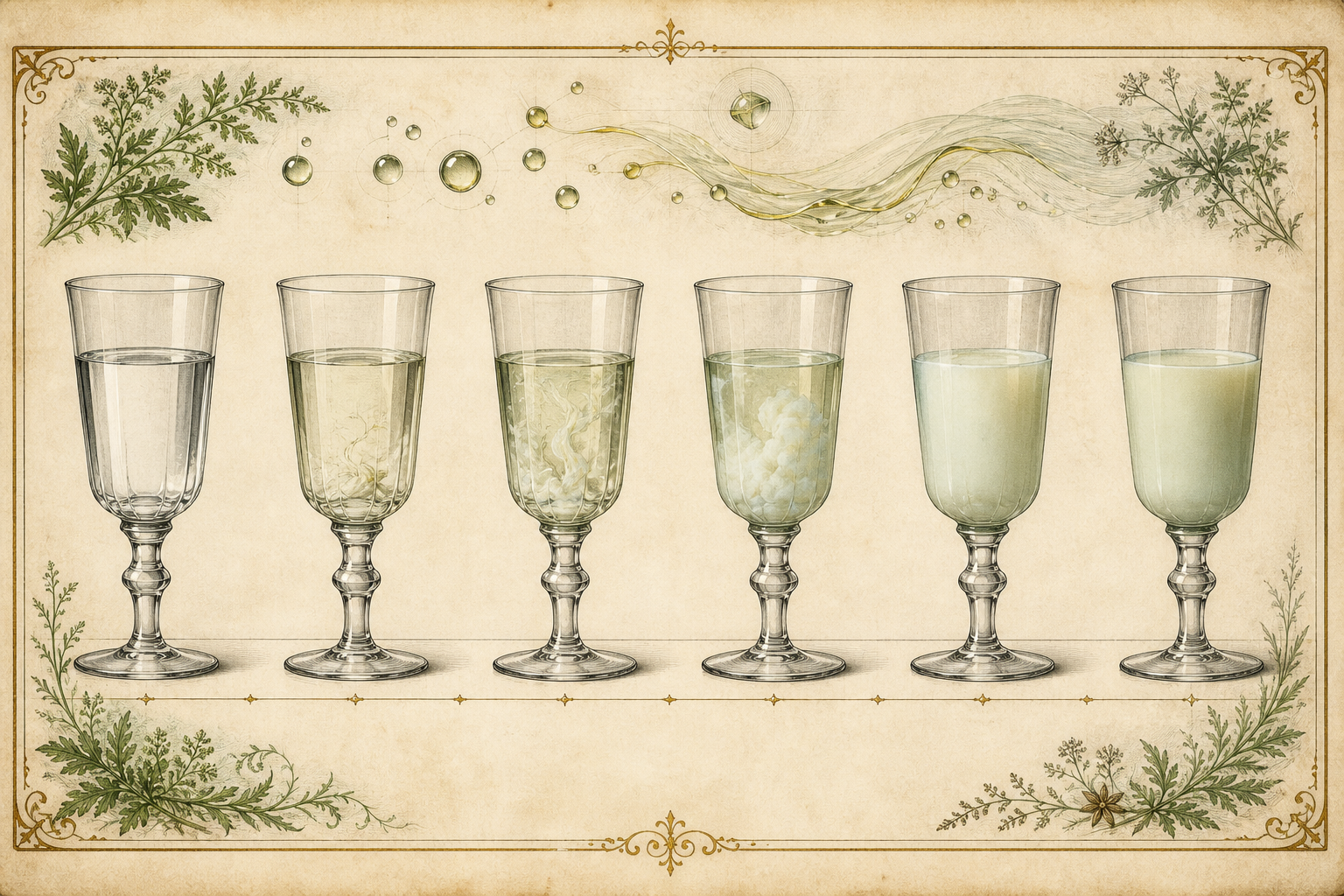 Engraved six-stage study of an absinthe louche, showing identical glasses moving from clear spirit through wisps, ribbons, bloom, full cloud, and settled pale opacity.