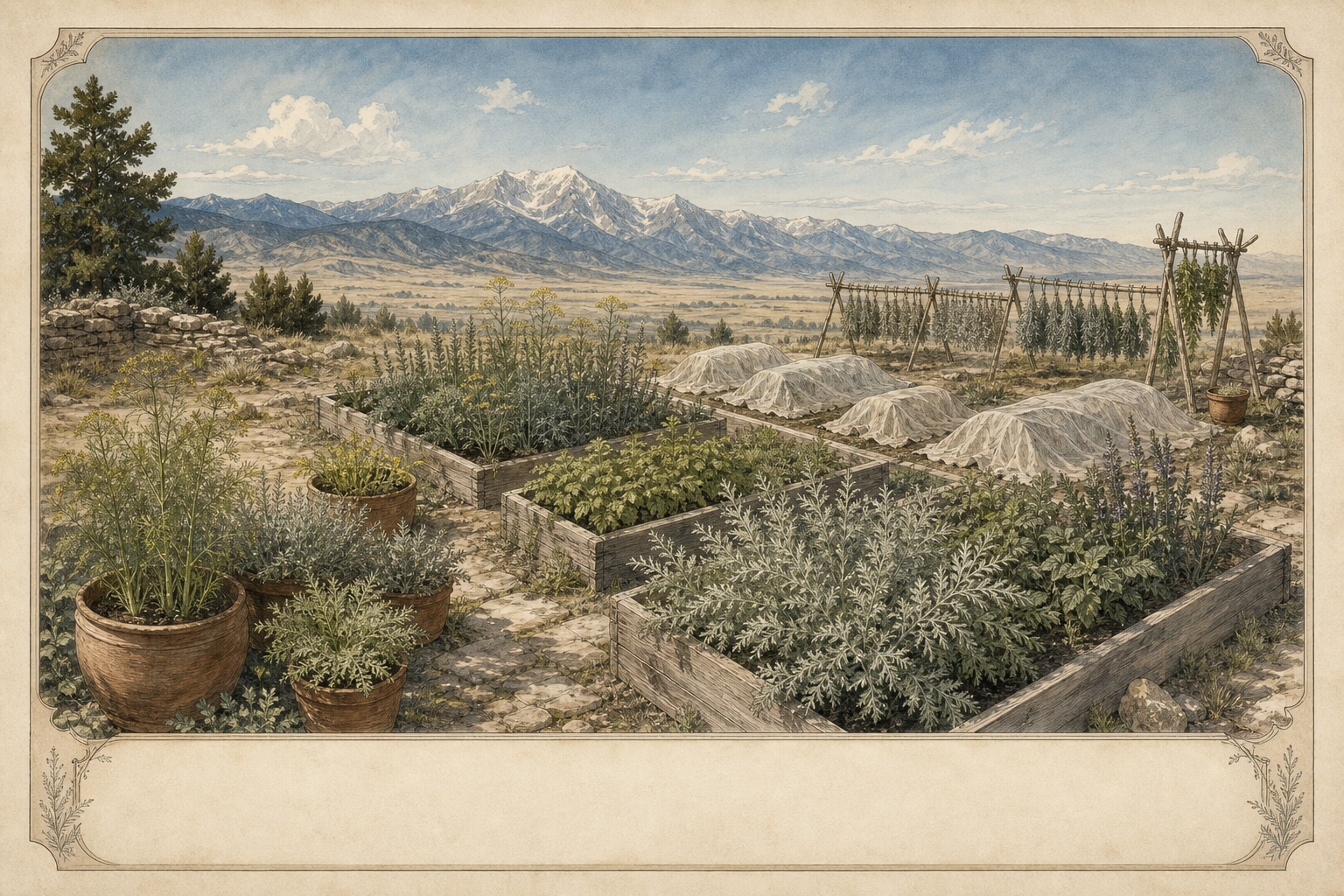 Original illuminated landscape plate of a high-plains absinthe garden in Monument, Colorado, with raised beds, terracotta containers, drying racks, frost cloth, aromatic herbs, and distant mountains.