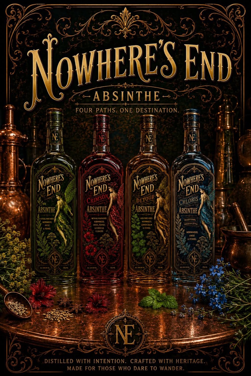 Nowhere's End Absinthe label art with four bottles: green, crimson, detour, and blue.