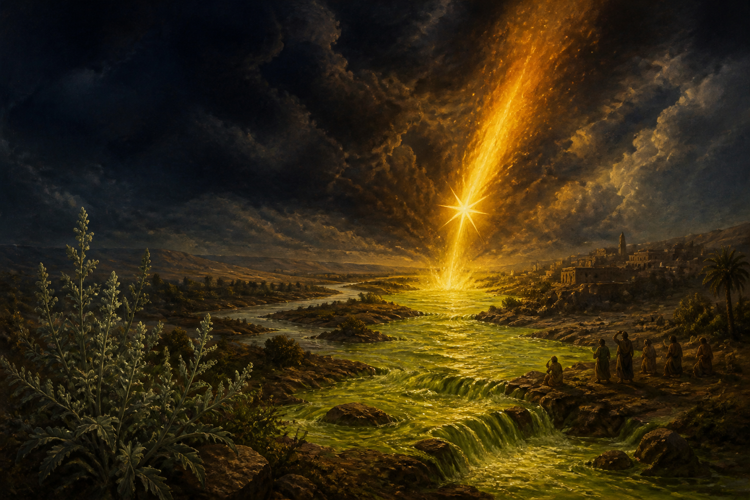 Illuminated Revelation plate showing the falling star, wormwood, and a darkened river as symbolic imagery.