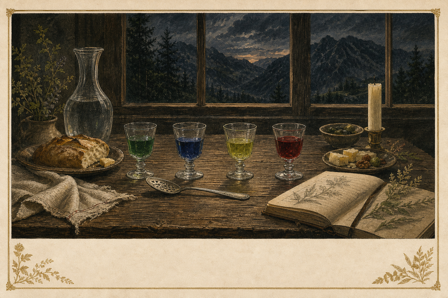 Original illuminated closing plate showing four colored absinthe glasses, water, bread, simple food, a botanical notebook, an unlit candle kept separate from the drinks, and mountain dusk beyond a window.