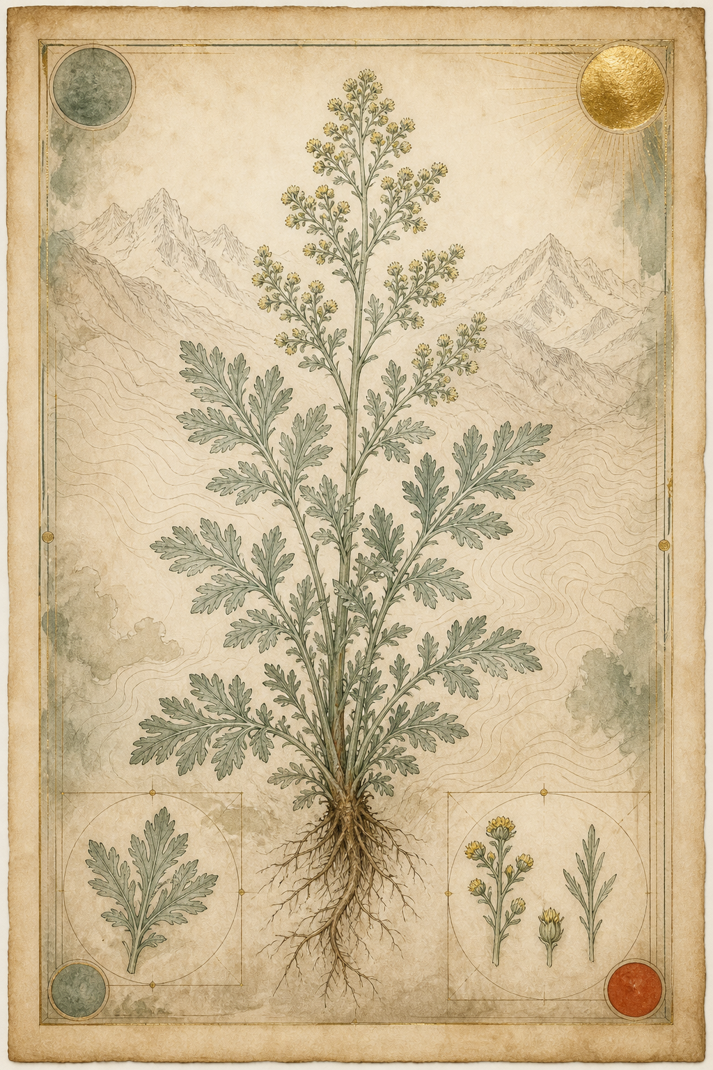 Original illuminated botanical plate of Artemisia absinthium, showing the whole flowering plant, roots, divided silver-green leaves, flower clusters, alpine contour lines, and specimen details.